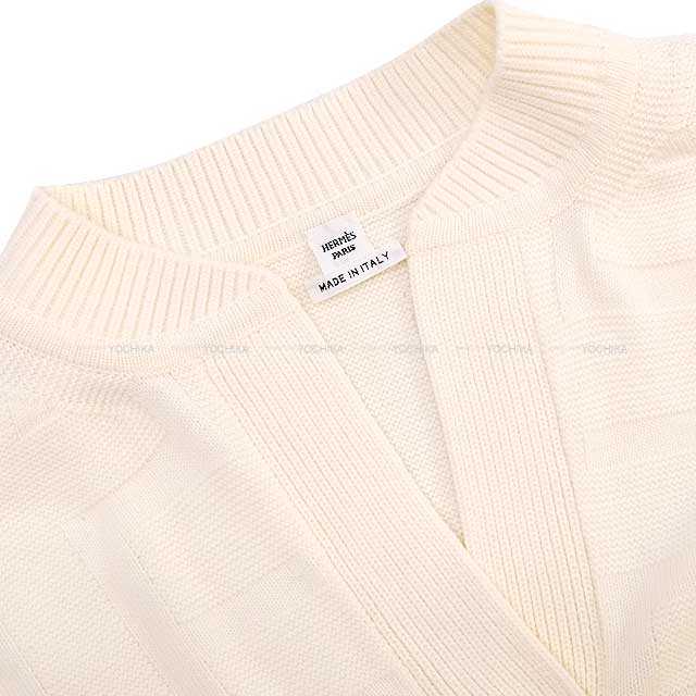 HERMES Knit Lady's H jacquard V neck Skipper Tunic Ivory Virgen wool #34 2H2623DA[EXCELLENT][Authentic]