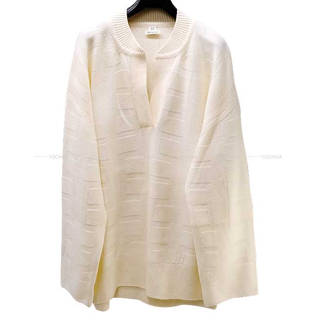 HERMES Knit Lady's H jacquard V neck Skipper Tunic Ivory Virgen wool #34 2H2623DA[EXCELLENT][Authentic]