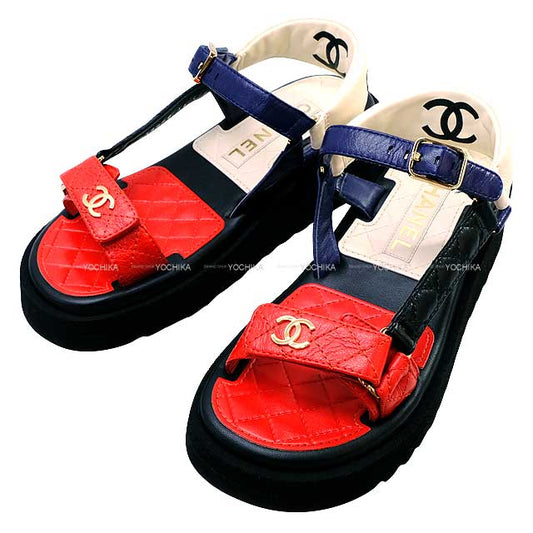 [Pre-loved] CHANEL sandals Sports Logo&COCO Mark Matelasse red/black/white/navy Lambskin #36 Gold HW G38880[LIKE NEW][Authentic]