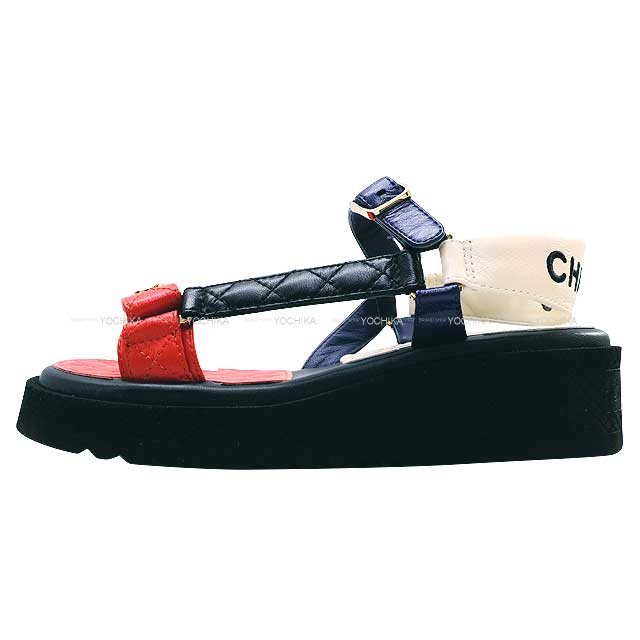 [Pre-loved] CHANEL sandals Sports Logo&COCO Mark Matelasse red/black/white/navy Lambskin #36 Gold HW G38880[LIKE NEW][Authentic]