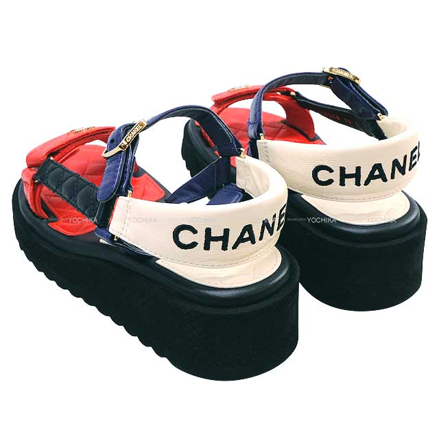 [Pre-loved] CHANEL sandals Sports Logo&COCO Mark Matelasse red/black/white/navy Lambskin #36 Gold HW G38880[LIKE NEW][Authentic]