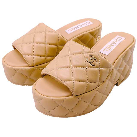 2023 Cruise Collection CHANEL sandals Espadrilles LOGO COCO Mark Platform Thick-soled mule Beige Lambskin #36 G39678[EXCELLENT][Authentic]