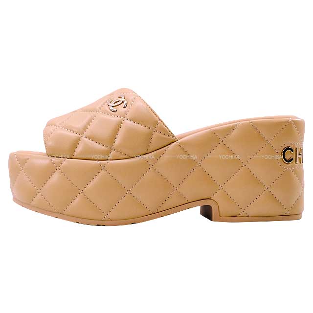 2023 Cruise Collection CHANEL sandals Espadrilles LOGO COCO Mark Platform Thick-soled mule Beige Lambskin #36 G39678[EXCELLENT][Authentic]