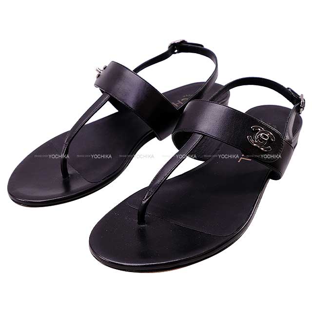 CHANEL sandals Flat Tong COCO button Noir (Black) Calfskin #36 Silver HW G32703[EXCELLENT][Authentic]