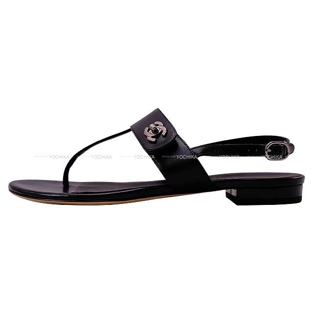 CHANEL sandals Flat Tong COCO button Noir (Black) Calfskin #36 Silver HW G32703[EXCELLENT][Authentic]