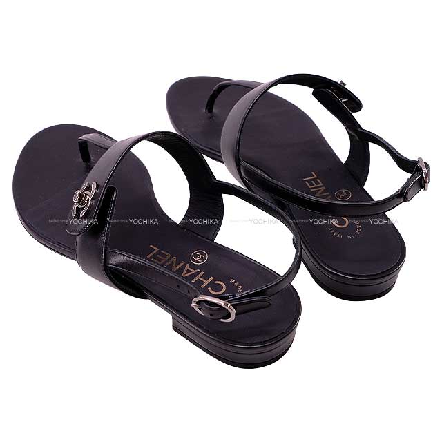 CHANEL sandals Flat Tong COCO button Noir (Black) Calfskin #36 Silver HW G32703[EXCELLENT][Authentic]