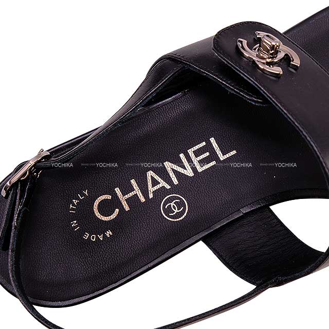 CHANEL sandals Flat Tong COCO button Noir (Black) Calfskin #36 Silver HW G32703[EXCELLENT][Authentic]