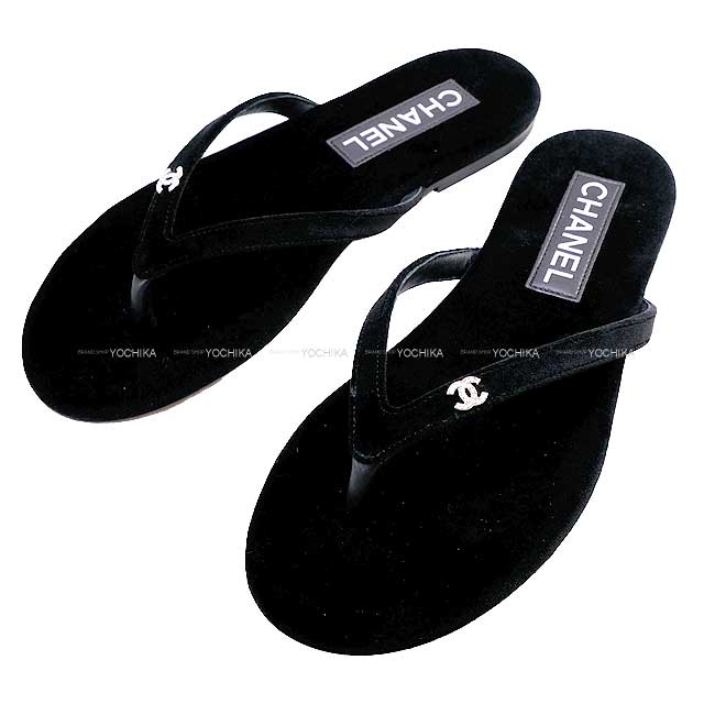 CHANEL Beach sandal COCO Mark Tongue #37 Noir (Black) Velor Silver HW G45716[BRAND NEW][Authentic]