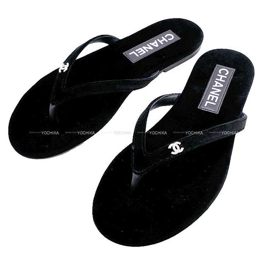 CHANEL Beach sandal COCO Mark Tongue #37 Noir (Black) Velor Silver HW G45716[BRAND NEW][Authentic]