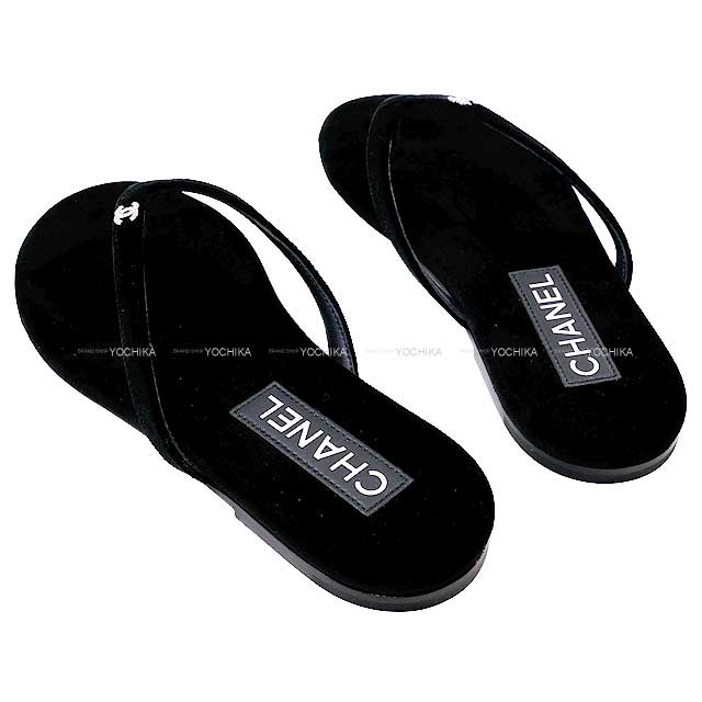 CHANEL Beach sandal COCO Mark Tongue #37 Noir (Black) Velor Silver HW G45716[BRAND NEW][Authentic]