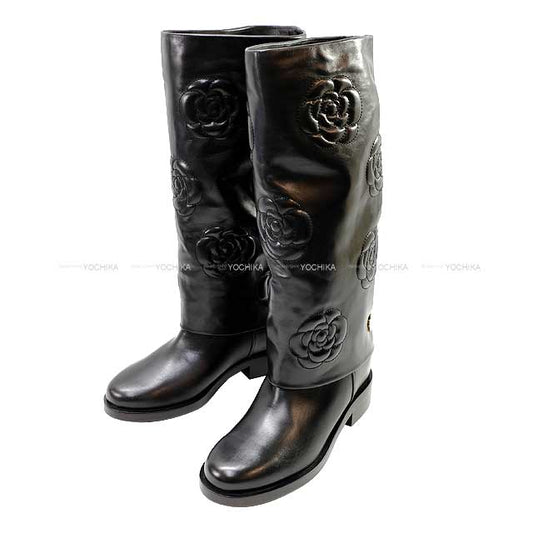 CHANEL boots Long Camellia Coco mark Noir (Black) Calfskin 37 1/2 C Mat Gold HW G32098[EXCELLENT][Authentic]