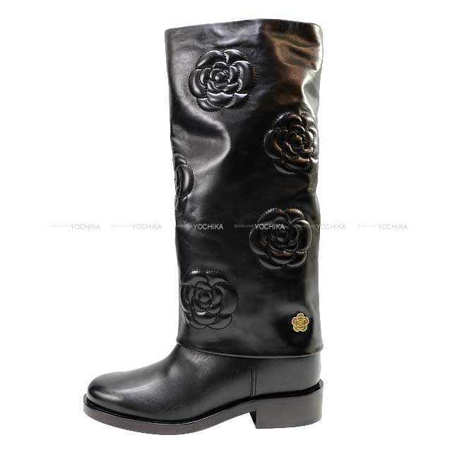 CHANEL boots Long Camellia Coco mark Noir (Black) Calfskin 37 1/2 C Mat Gold HW G32098[EXCELLENT][Authentic]