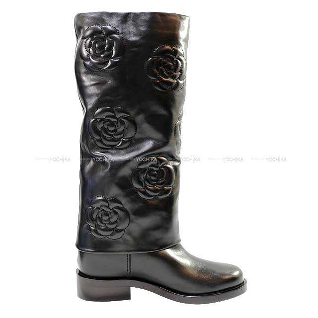 CHANEL boots Long Camellia Coco mark Noir (Black) Calfskin 37 1/2 C Mat Gold HW G32098[EXCELLENT][Authentic]