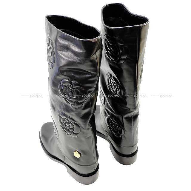 CHANEL boots Long Camellia Coco mark Noir (Black) Calfskin 37 1/2 C Mat Gold HW G32098[EXCELLENT][Authentic]