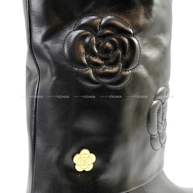 CHANEL boots Long Camellia Coco mark Noir (Black) Calfskin 37 1/2 C Mat Gold HW G32098[EXCELLENT][Authentic]