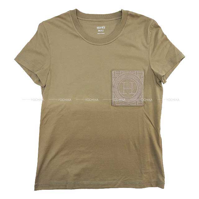 HERMES Short sleeve t shirt Ladies Half sleeve Embroidery Pocket Etoupe Cotton100% 34[BRAND NEW][Authentic]