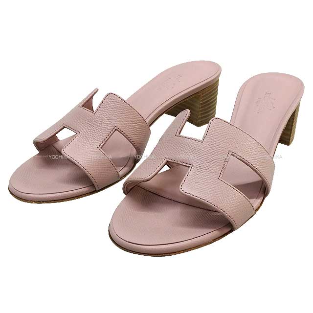 HERMES sandals H-motif Lady's Sandal OASIS Rose Porcelaine Veau Epsom #37[EXCELLENT][Authentic]