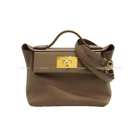 HERMES Shoulder bag Sac 24/24 21 Mini Etoupe Evercolor/Veau Swift Gold HW Stamp B[EXCELLENT][Authentic]