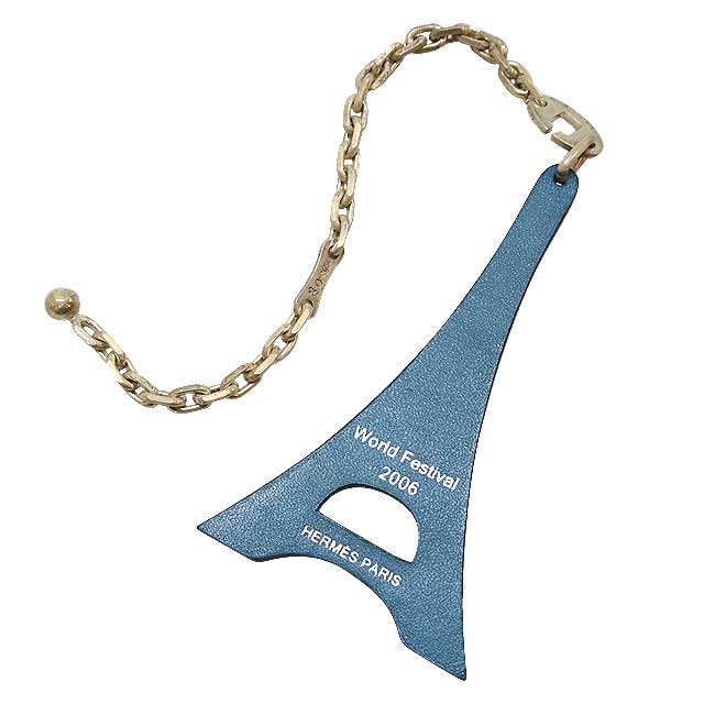 [Pre-loved] HERMES bag charm 2006 Hawaii World Festival Limited edition The Eiffel Tower Motif Bleu Jean Box Calf Silver HW[LIKE NEW][Authentic]