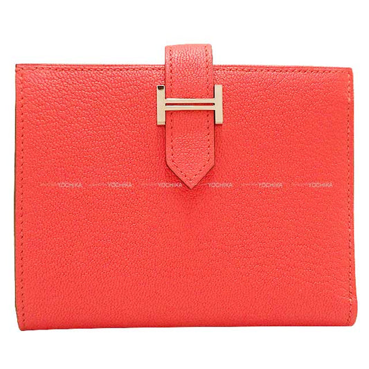 HERMES Bi-fold wallet Bearn Compact Rose Texese Chevre Myzore Silver HW Stamp U[EXCELLENT][Authentic]