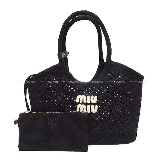 MIUMIU tote bag IVY Logo Mesh Cotton Noir (Black)/Blanc (White) Cotton100% Gold HW 5BG281[EXCELLENT][Authentic]