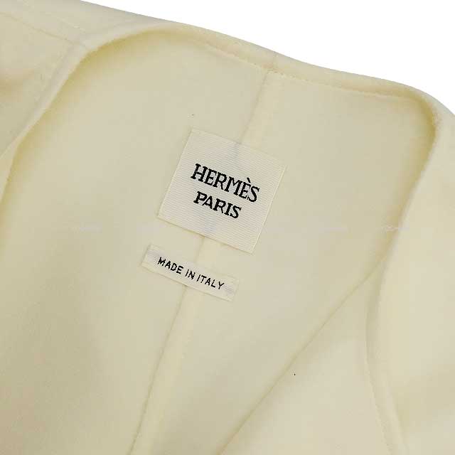 HERMES Vests Ladies Long Gilet Sellier Button Double Face Blanc Natural Cashmere100% 34[EXCELLENT][Authentic]