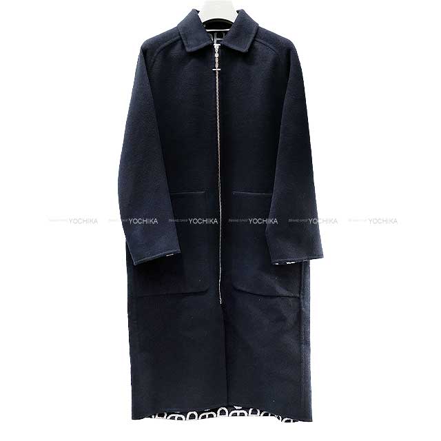 HERMES Ladies Zip Coat Chaine D'ancre Blue Marine Wool100% 34[EXCELLENT][Authentic]