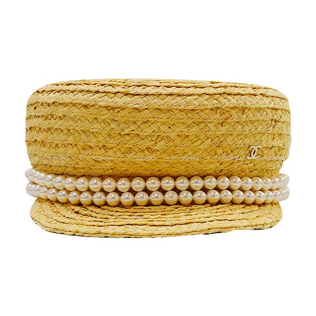 CHANEL Casquette Cap Coco mark Two Pearl Straw hat Fabric AA9959[BRAND NEW][Authentic]