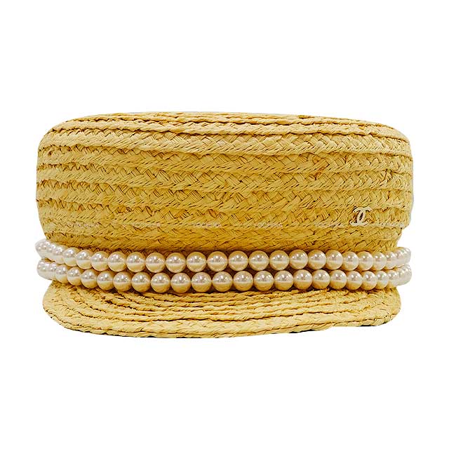 CHANEL Casquette Cap Coco mark Two Pearl Straw hat Fabric S AA9959[BRAND NEW][Authentic]