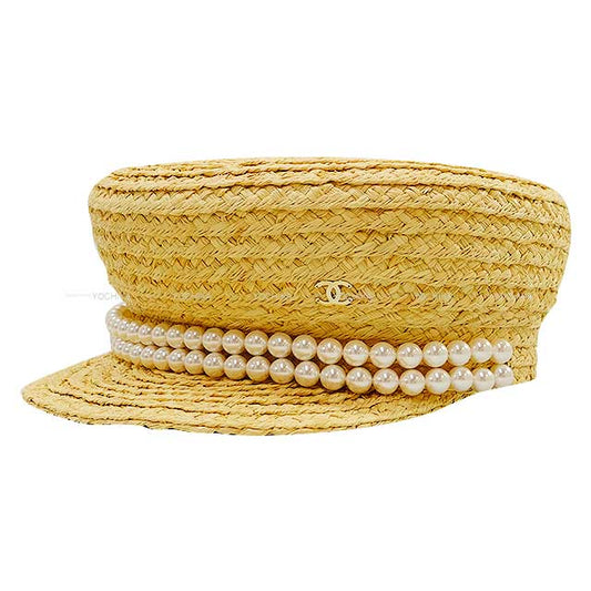 CHANEL Casquette Cap Coco mark Two Pearl Straw hat Fabric S AA9959[BRAND NEW][Authentic]