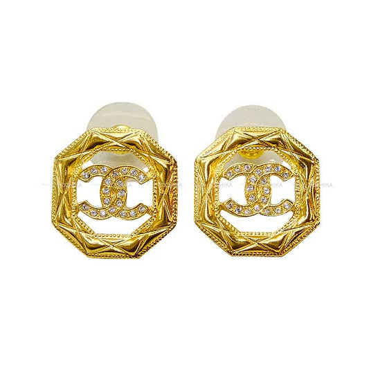 2024 New CHANEL pierced earring Rhinestone Coco mark Octagon Gold HW[BRAND NEW][Authentic]