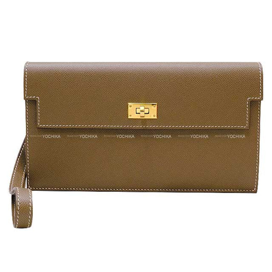 HERMES change purse Kelly Pocket Long Wallet Strap Clutch Bag Etoupe Veau madame Gold HW Stamp W[BRAND NEW][Authentic]