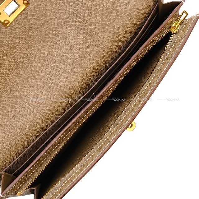 HERMES change purse Kelly Pocket Long Wallet Strap Clutch Bag Etoupe Veau madame Gold HW Stamp W[BRAND NEW][Authentic]