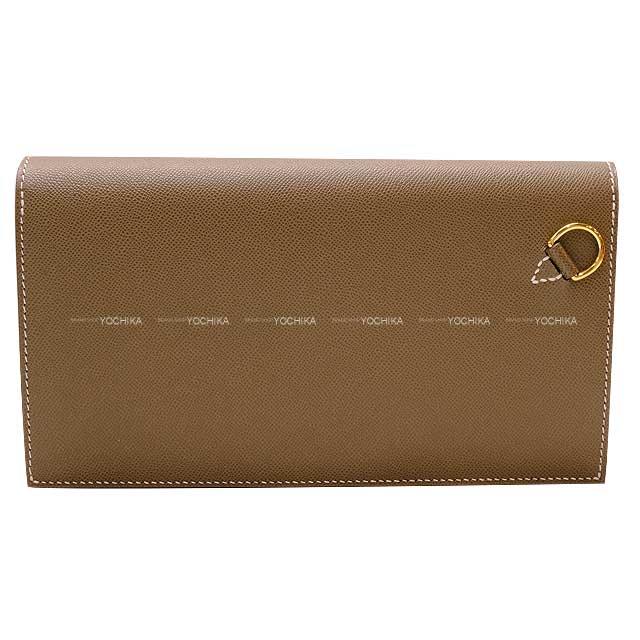 HERMES change purse Kelly Pocket Long Wallet Strap Clutch Bag Etoupe Veau madame Gold HW Stamp W[BRAND NEW][Authentic]