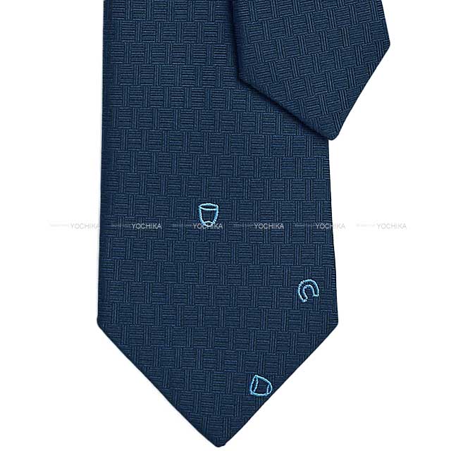 HERMES tie PLUIE EQUESTRE Marine/Ciel Silk100%[BRAND NEW][Authentic]