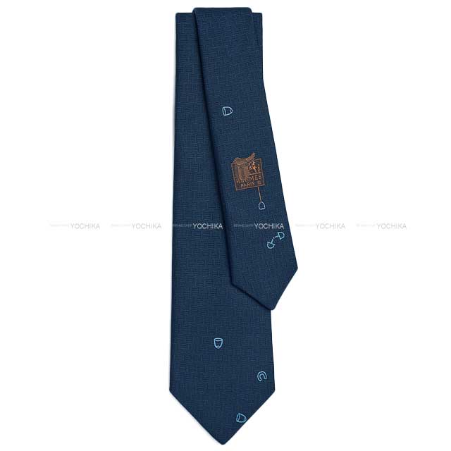 HERMES tie PLUIE EQUESTRE Marine/Ciel Silk100%[BRAND NEW][Authentic]