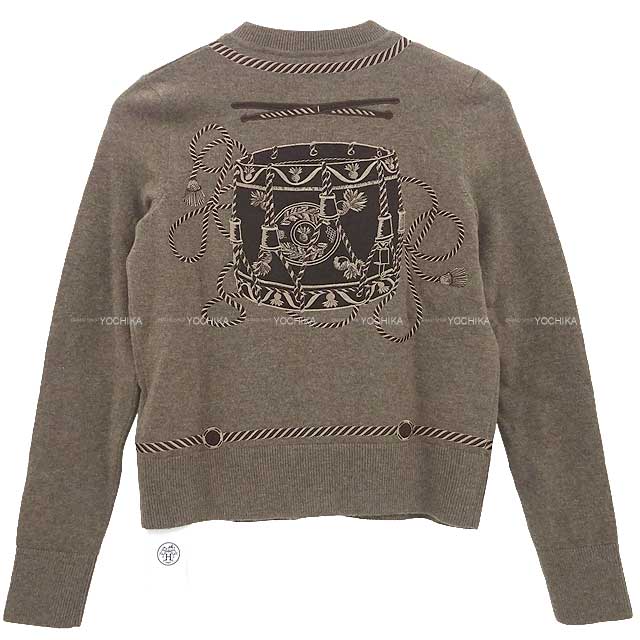 2023AW HERMES Cardigan Long Sleeve Crewneck Les Tambours Gris/Etoupe Virgin wool/Nylon/Polyurethane #40[EXCELLENT][Authentic]