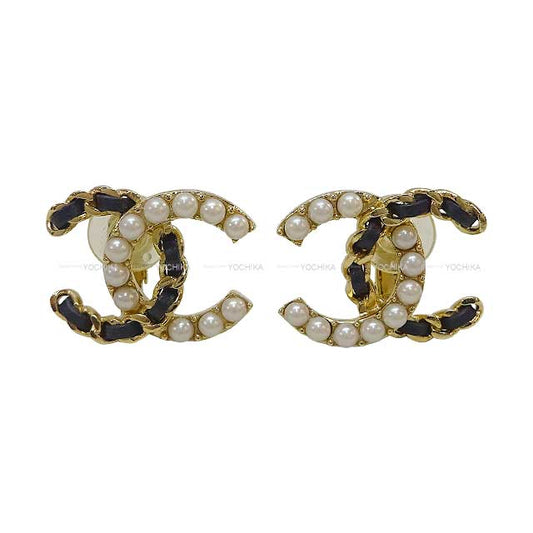 CHANEL earrings Coco mark Leather & Pearl Chain Noir (Black)/Blanc (White) Gold HW[EXCELLENT][Authentic]