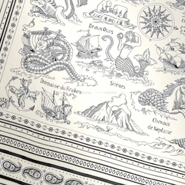 HERMES scarf Carre 140 Tatouages Marins Bandana  Blanc (White)/Noir (Black) Cashmere70% / Silk30%[EXCELLENT][Authentic]