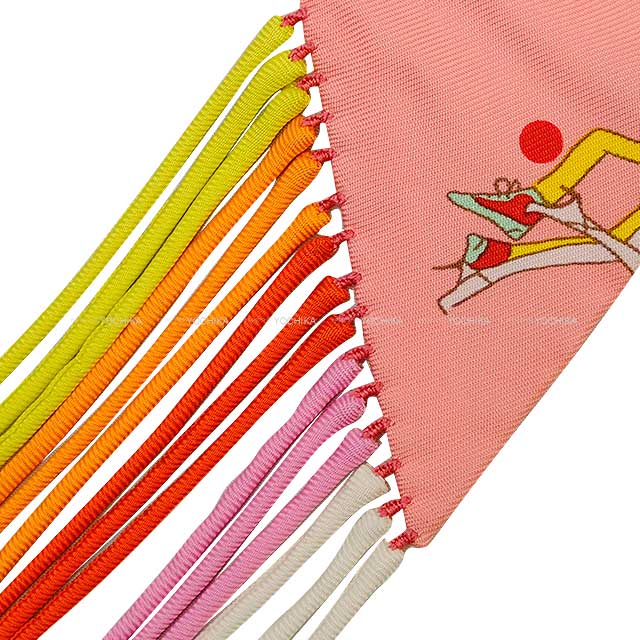 HERMES scarf Twilly Fringe Ex-Libris Les Parisiennes Rose Malabar/Jaune Vif/Rouge/Multicolor Silk100%[EXCELLENT][Authentic]