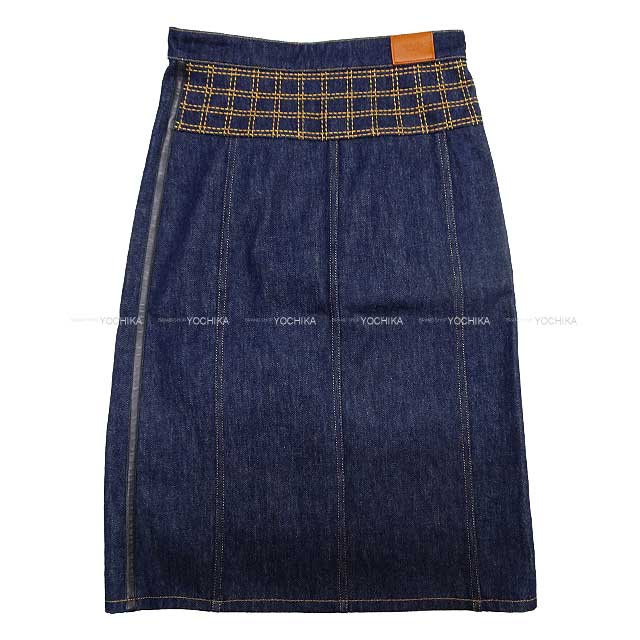 2021 HERMES skirt Ladies denim wrap skirt serie button embroidery leatther patch Bleu indigo Cotton100% 36 Silver HW[EXCELLENT][Authentic]