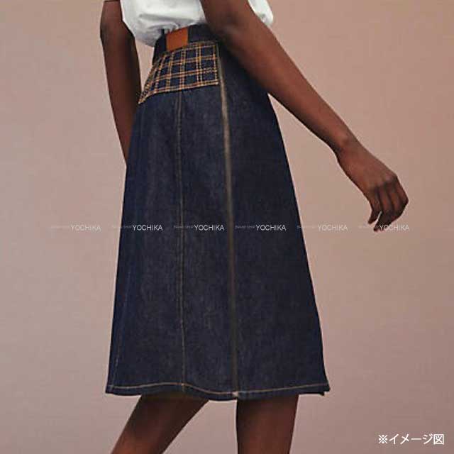 2021 HERMES skirt Ladies denim wrap skirt serie button embroidery leatther patch Bleu indigo Cotton100% 36 Silver HW[EXCELLENT][Authentic]