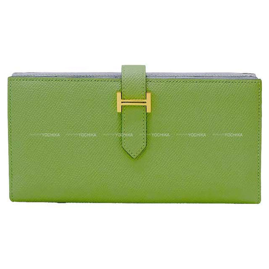 [Pre-loved] HERMES long wallet Bearn Soufflet Verso Vert criquet/Blue brume  Veau Epsom Gold HW Stamp Y[LIKE NEW][Authentic]