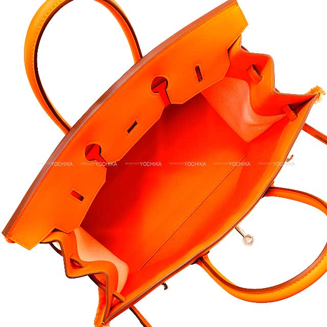 HERMES Handbag Birkin35 Fray Fray Orange Minium Toile Grand Chevron/Evercalf Silver HW Stamp B[BRAND NEW][Authentic]