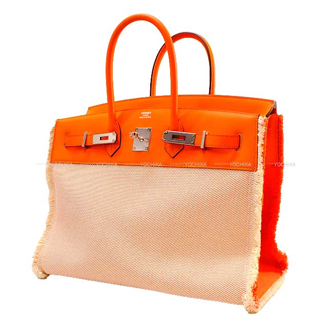 HERMES Handbag Birkin35 Fray Fray Orange Minium Toile Grand Chevron/Evercalf Silver HW Stamp B[BRAND NEW][Authentic]