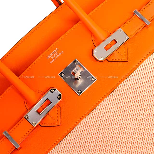 HERMES Handbag Birkin35 Fray Fray Orange Minium Toile Grand Chevron/Evercalf Silver HW Stamp B[BRAND NEW][Authentic]