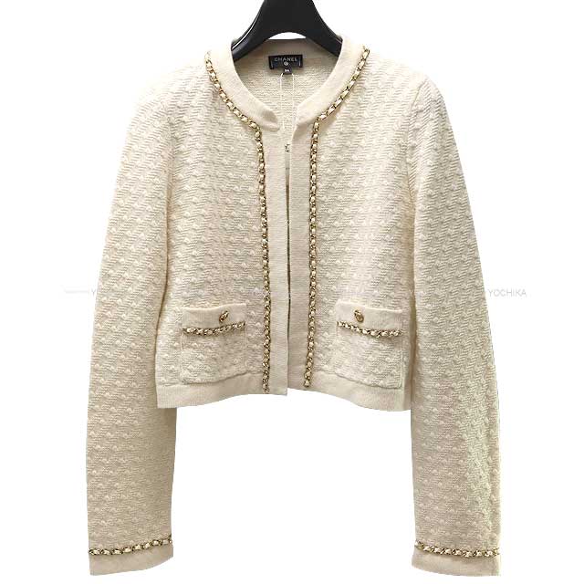 2023 AW CHANEL Cardigan Ladies COCO Mark Short Plainly colored Chain Ivory Cashmere 34 Champagne Gold HW P75724[EXCELLENT][Authentic]