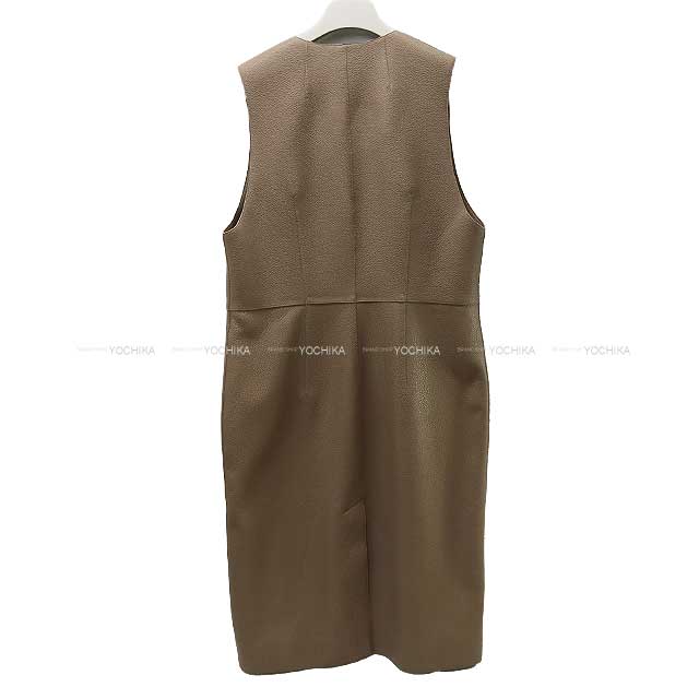 2024 SS NEW HERMES Vests Ladies Long Gilet Leather Sellier Button Etoupe washed deerskin 42 Silver HW[BRAND NEW][Authentic]