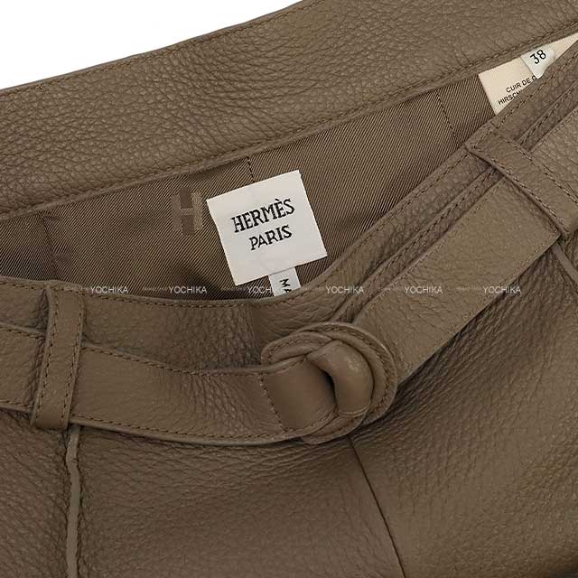 HERMES Short pants Ladies Leather Bermuda Etoupe washed deerskin 38[EXCELLENT][Authentic]