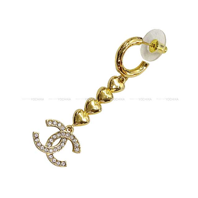 CHANEL pierced earring Rhinestone Coco Mark Heart Dangling ABA267 Gold HW[EXCELLENT][Authentic]